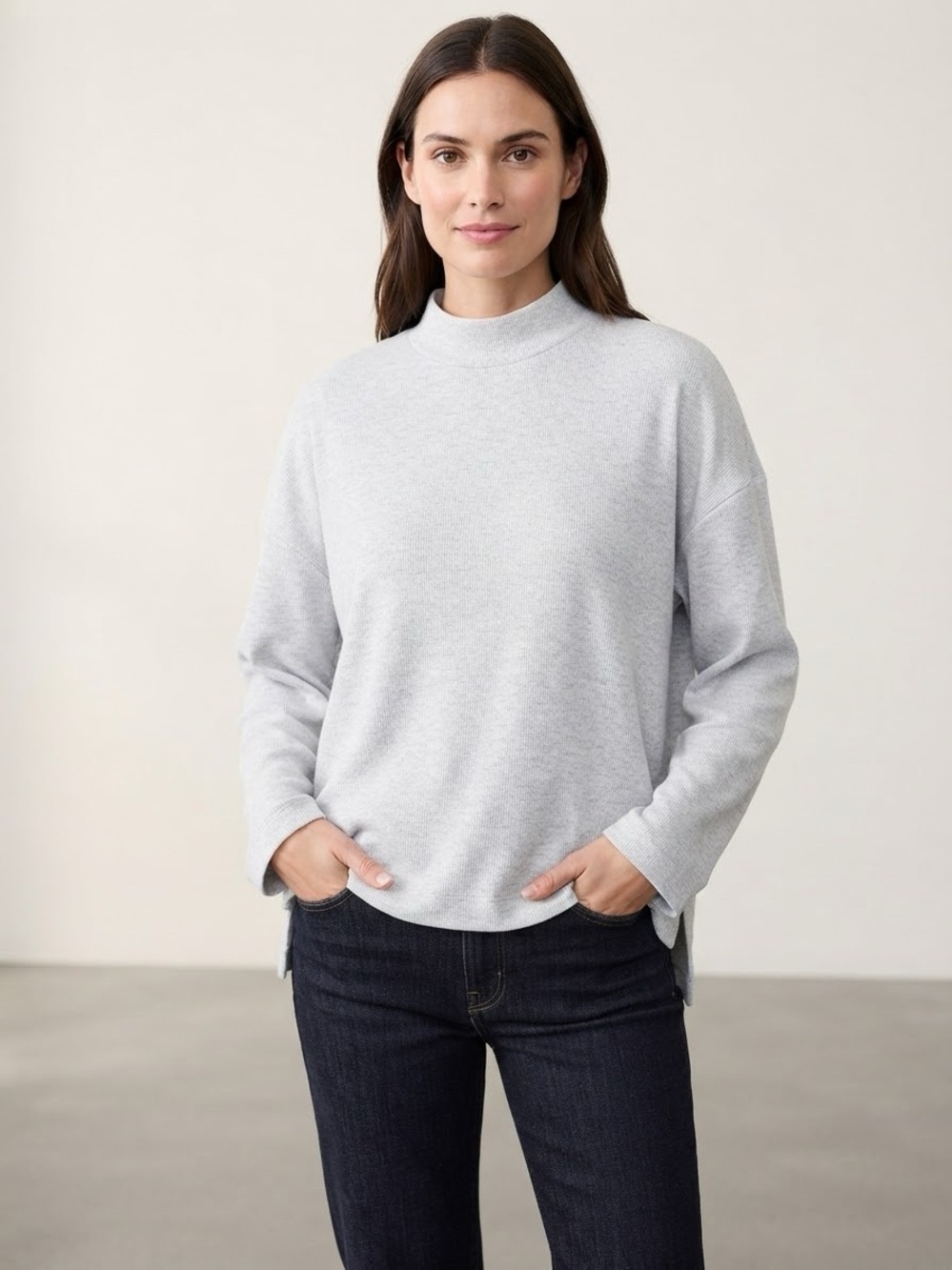 Old Navy Light Gray Ribbed Mock Neck Cozy Tunic Pullover L Long Sleeve Casual
